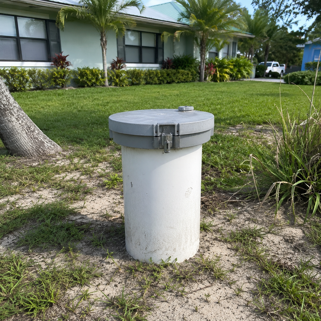 A properly sealed residential water well with sanitary cap and concrete grout pad in Florida